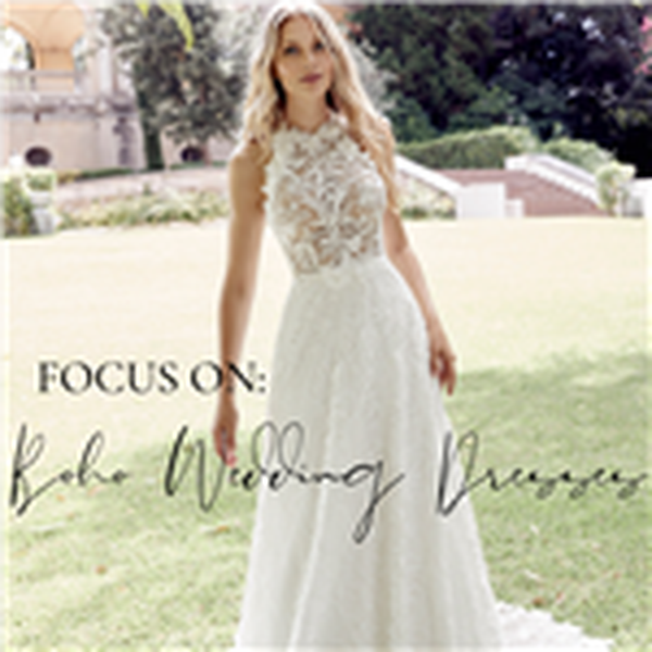 Image of a model stood on a lawn in a halter neck boho wedding dress and the title ‘Focus on: boho wedding dresses.’ 